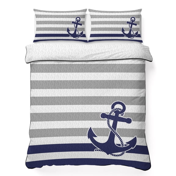 Queen Quilt Set 90''x96'', Anchor Gray Lightweight Bedspread Coverlet Set with 2 Pillow Shams, Modern Navy Blue White Striped Nautical Breathable All Season Quilt Bedding for Bedroom/Guest Room