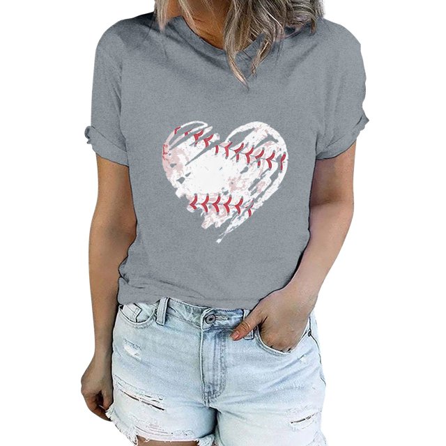 T-Shirt à Manches Courtes pour Femmes Liquidation T-Shirt en Chiffon pour Femmes T-Shirt de Baseball pour Femmes Amour Classique Col Rond Décontracté T-Shirt de Baseball à Manches Courtes