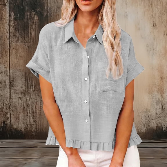 Neewe Womens Short Sleeve Shirts V Neck Collared Button Down Shirt Tops with Pockets