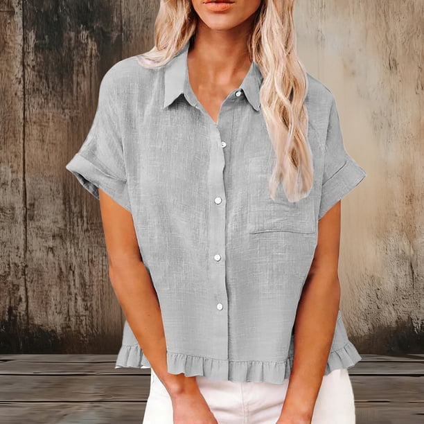 Craaazy Women's Oversized Short Sleeve Tunic Tops, Lightweight Casual Shirt, Collared Pocket Blouse with Ruffle Hem for Everyday Outfits Gifts