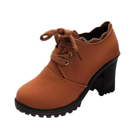

qipaqil Fashion Autumn Women Ankle Boots High Heel Thick Heel Round Toe Lace Up Solid Color Boots Women Zipper