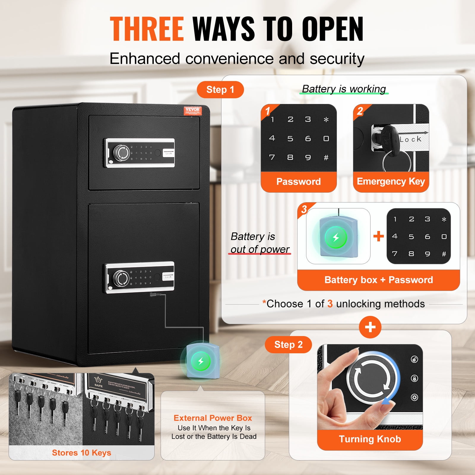 VEVOR Double Doors 4.5 cu.ft Safe Box with Key Lock & Password,Safe Lock Box with Fireproof Bag, Key Rack, LED Light and 2 Height Adjustable and Removable Divider for Money,Documents, Jewelry, Black