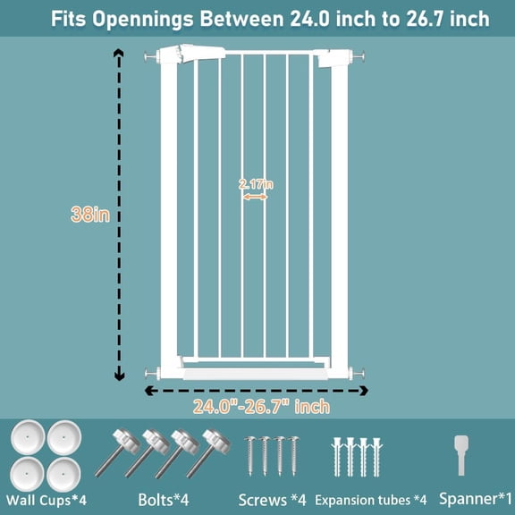 Tall Metal Safety Gate for Stairs & Doorways, 38-Inch Pressure Mounted  Gate with Auto-Close Function, White