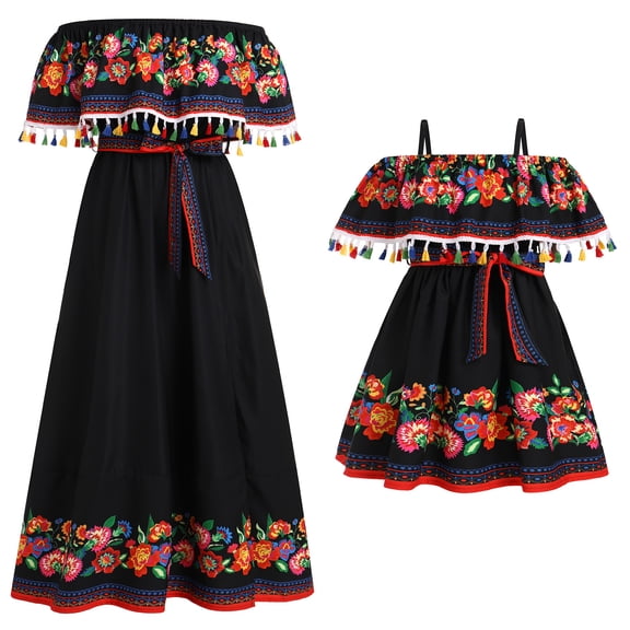 FYMNSI Mexican Dresses with Pockets for Toddler Girl Clothes Floral Off the Shoulder Dress Mommy and Me Boho Sundress Black 2-3T