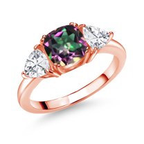 Gem Stone King 18K Rose Gold Plated Silver Green Mystic Topaz and White Zirconia 3 Stone Engagement Ring for Women (3.54 Cttw, Gemstone Birthstone, Available in Size 5, 6, 7, 8, 9)