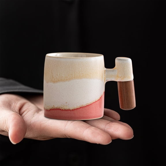 Hyknon Small Coffee Mug Handmade Gradient Ceramics Coffee Cup with Wooden Handle Reuable Dishwasher Safe Tea Cup Gifts for Women Men Colleague