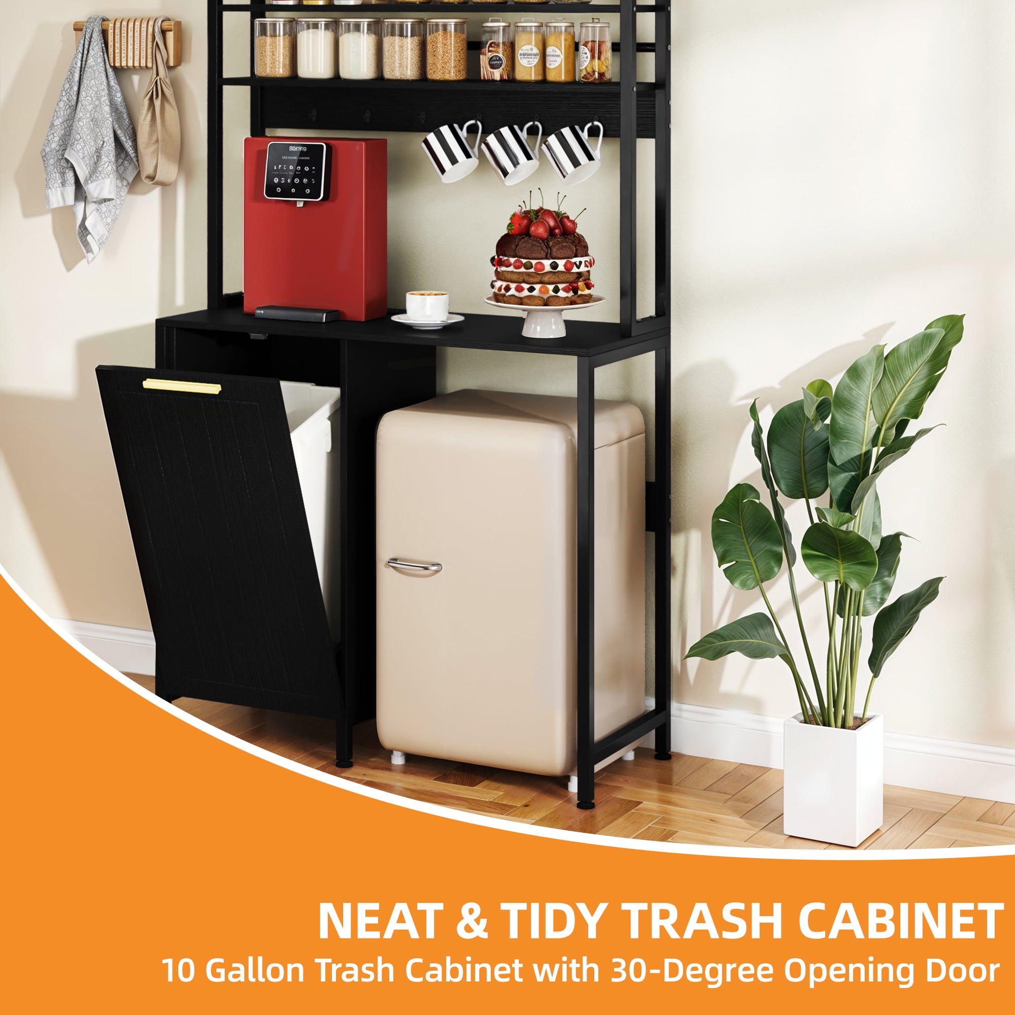 Craftian 3-Tier Mini Fridge Bakers Rack with 10-gal Trash Cabinet & Charging Station, Black