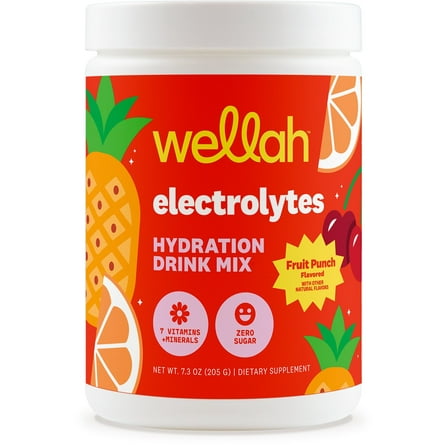 Wellah Electrolytes Powder (Fruit Punch) 50 Servings - Hydration Drink Mix, 7 Vitamins & Minerals, Zero Sugar