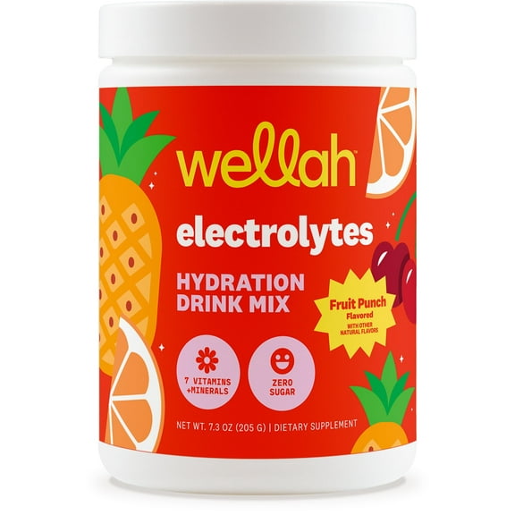 Wellah Electrolytes Powder (Fruit Punch) 50 Servings - Hydration Drink Mix, 7 Vitamins & Minerals, Zero Sugar