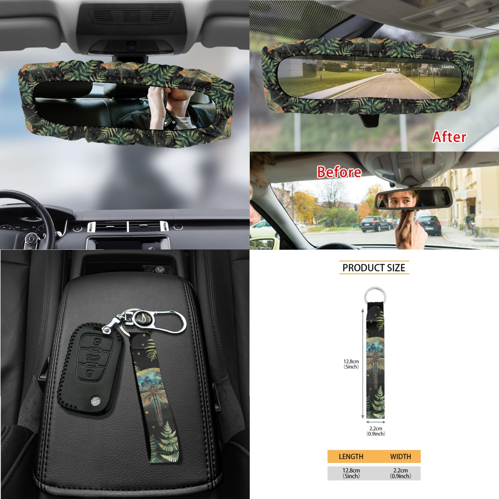 Garronmavis Aesthetic Dragonfly 15 PCS Car Seat Cover Full Set 4 Pieces Car Seat Covers Steering Wheel Cover Keychain Car Trash Can Car Dash Accessories Rearview Mirror Cover Car Coasters