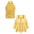 thumbnail image 2 of YiZYiF Girls Metallic Shiny Halter Crop Top with Pleated Skirt for Cheer Leader Modern Jazz Dance Wear Gold 12, 2 of 7