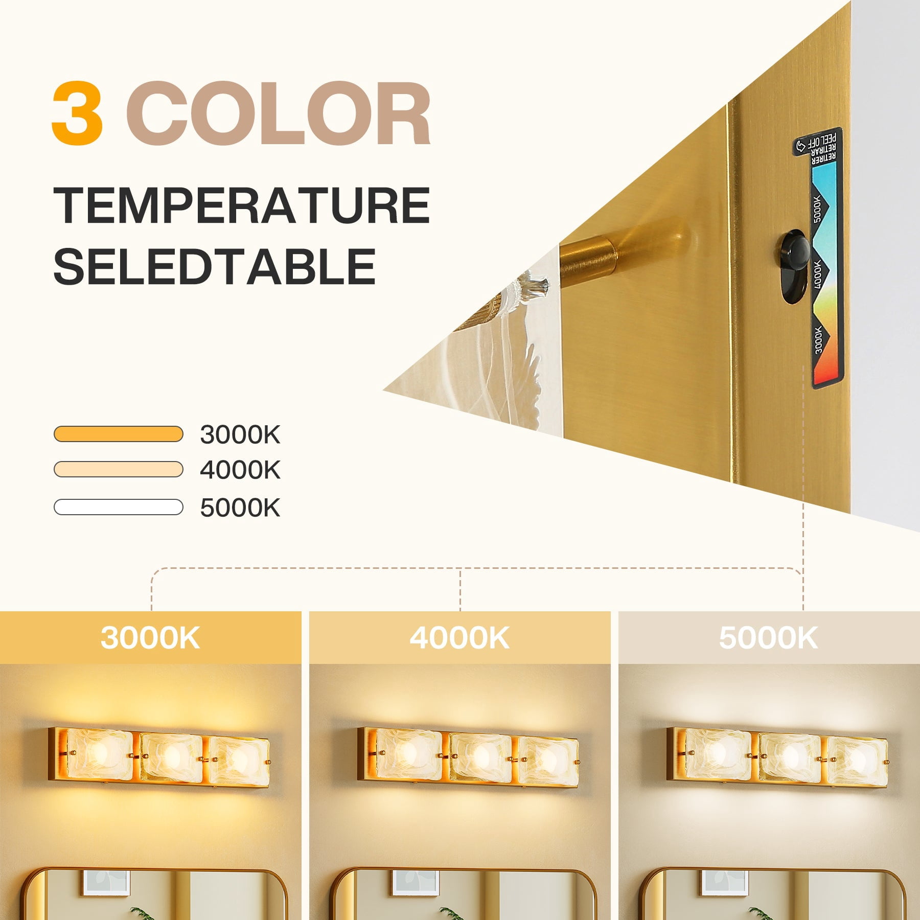 Fnova 22" LED Gold Vanity Lights, Modern 3CCT Dimmable Bathroom Light Fixtures (ETL Listed, Bulbs Included)