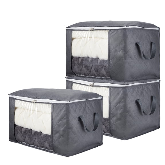 3pcs Foldable Clothes Storage Bags with Reinforced Handles, Large Blanket and Clothing Storage Organizer with Clear Window, Breathable Nonwoven Fabric Storage Bag for Closet, Bedroom and Dorm, Gray