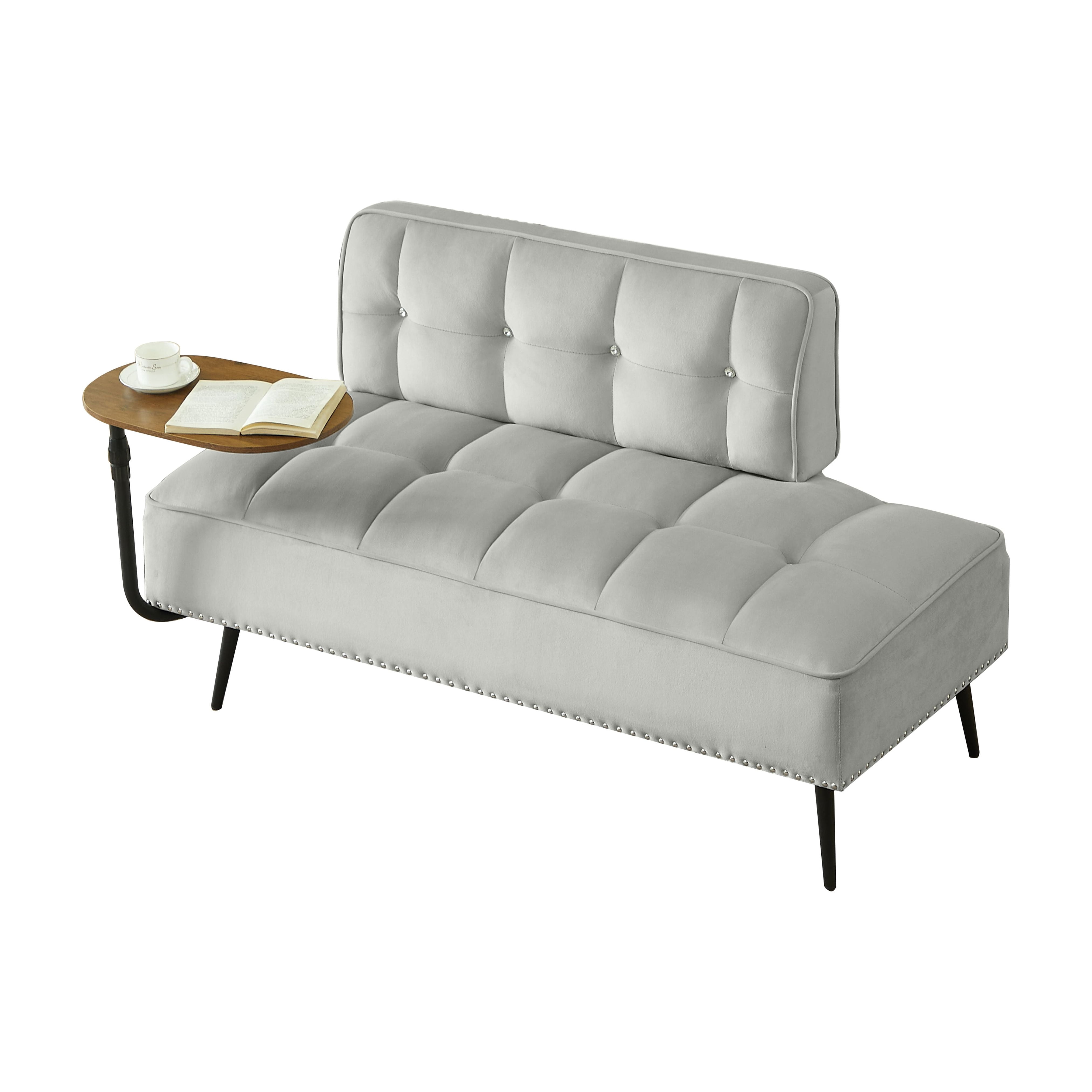 Modern Two-Seater Velvet Sofa with 360° Rotating Side Table, Entryway Ottoman Bench with Backrest for Living Room, Bedroom, Apartment, Space Saver, Gray