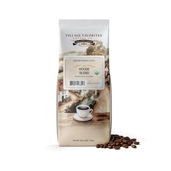 Village Favorites USDA Organic Low Acid Coffee – Mold-Free House Blend, 100% Arabica, Slow Roasted Medium Roast, Smooth & Stomach Friendly, Ground, 1LB (16oz) Bag