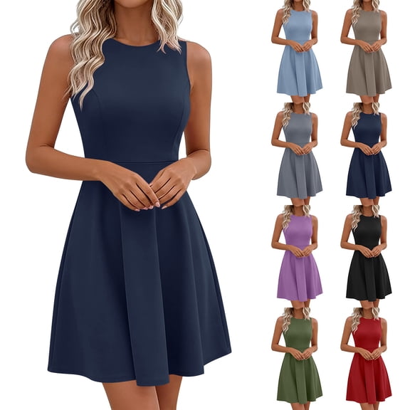 Bovxnpu Summer Dresses for Women A Line Sleeveless Tank Dress with Side Zipper Pockets Flared Dress Summer Outfits
