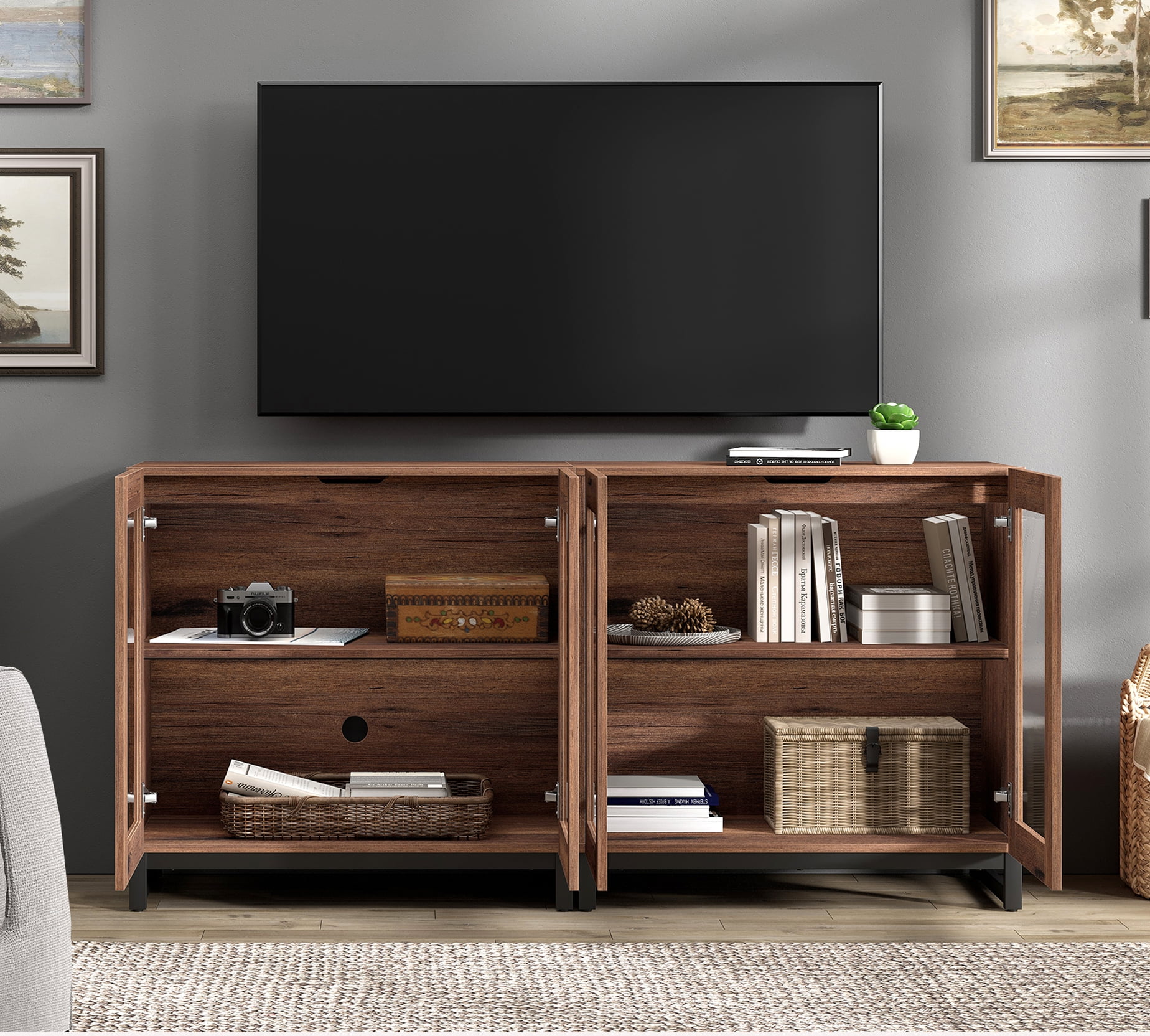 WAMPAT 63 Inch TV Stand with Glass Doors for 32-70 inch TVs, Modern Entertainment Center TV Console with Adjustable Shelves for Living Room, Bedroom, Brown