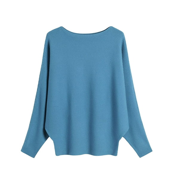 Qetyuw Fall Knitted Sweater for Women Batwing Long Sleeve Boat Neck Pullover Sweaters Solid Color Knit Casual Jumpers