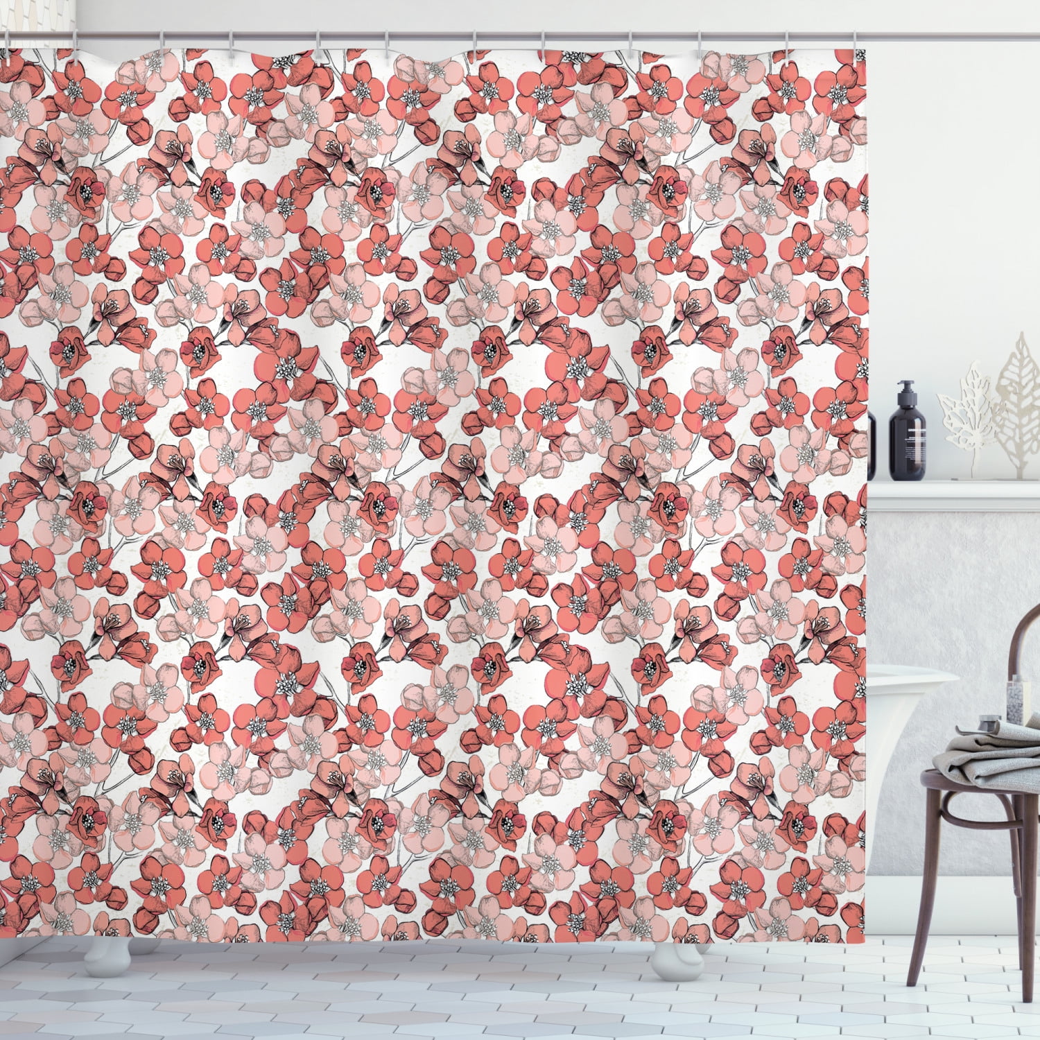 Cherry Blossom Shower Curtain, Spring Season Floral Hand Drawn Style