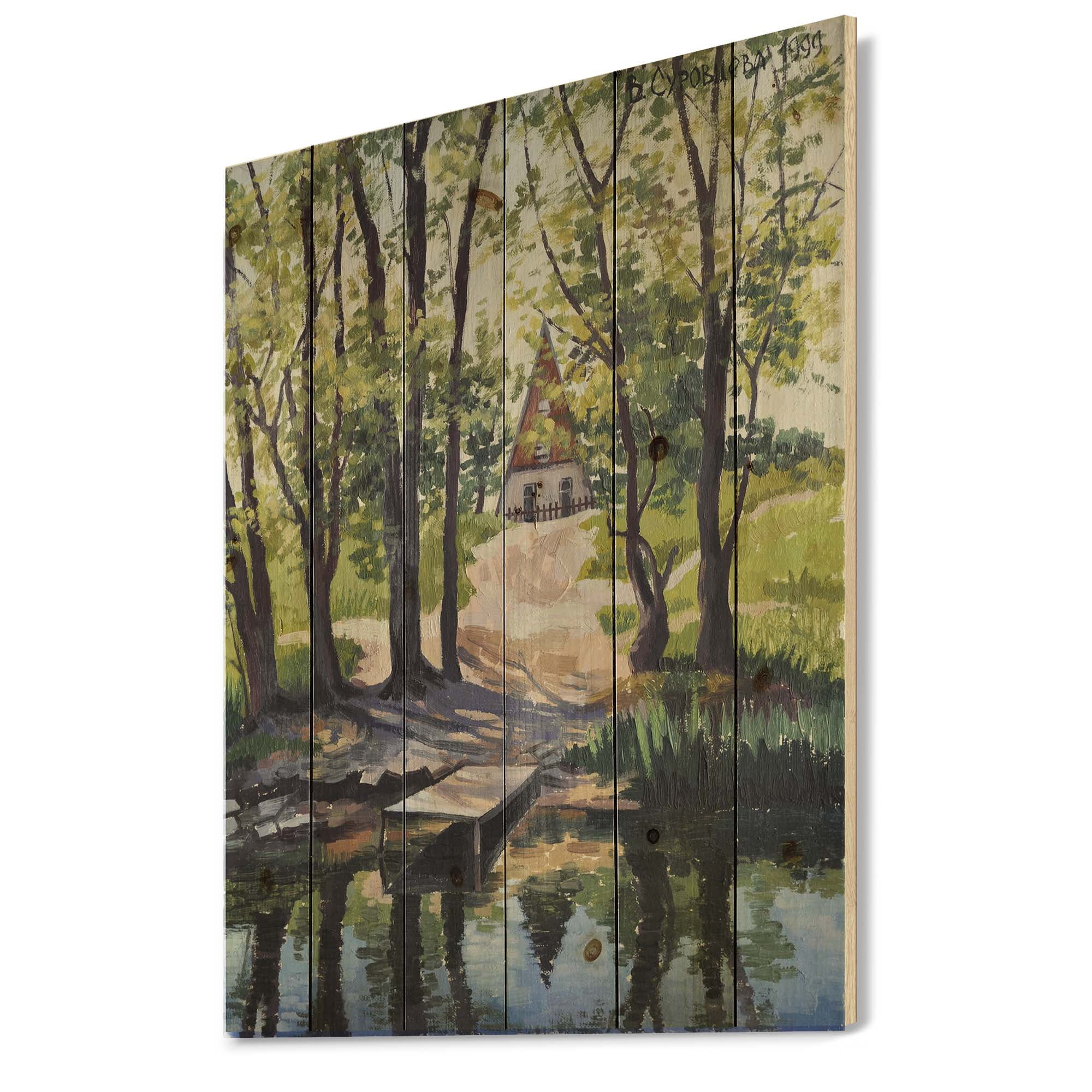 Designart 'Mysterious Countryside House By The River In The Woods' Lake House Print on Natural Pine Wood