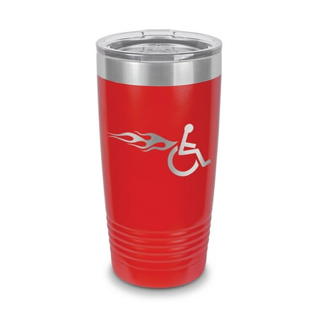 

Right Facing Wheelchair with Flames Tumbler 20 oz - Laser Engraved w/ Clear Lid - Stainless Steel - Vacuum Insulated - Double Walled - Travel Mug - handicap hot rod hotrod - Red