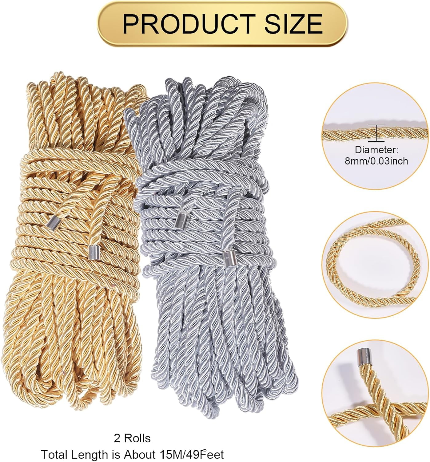 2pcs 2 colors Polyester Twisted Cord with 304 Stainless Steel Cord End Mixed color 8mm 150mm/pc 1pc/color Polyester