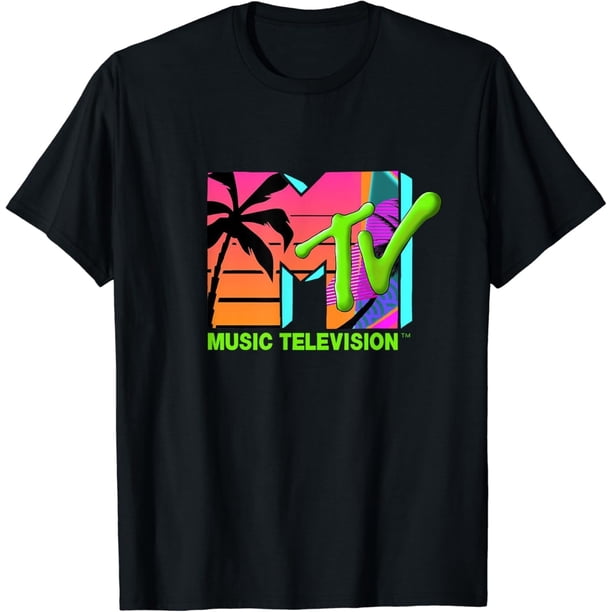 MTV - Camiseta con logotipo oficial de MTV con palmas retro en el paraíso