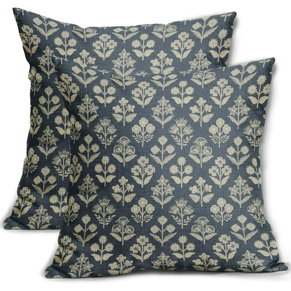 Dusty Blue Floral Block Print Pillow Covers 16x16 Inch Set of 2, Vintage Flower Pattern Decorative Throw Pillowcases Outdoor Farmhouse Cushion Covers Spring Summer Rustic Sofa Couch Bed Decor
