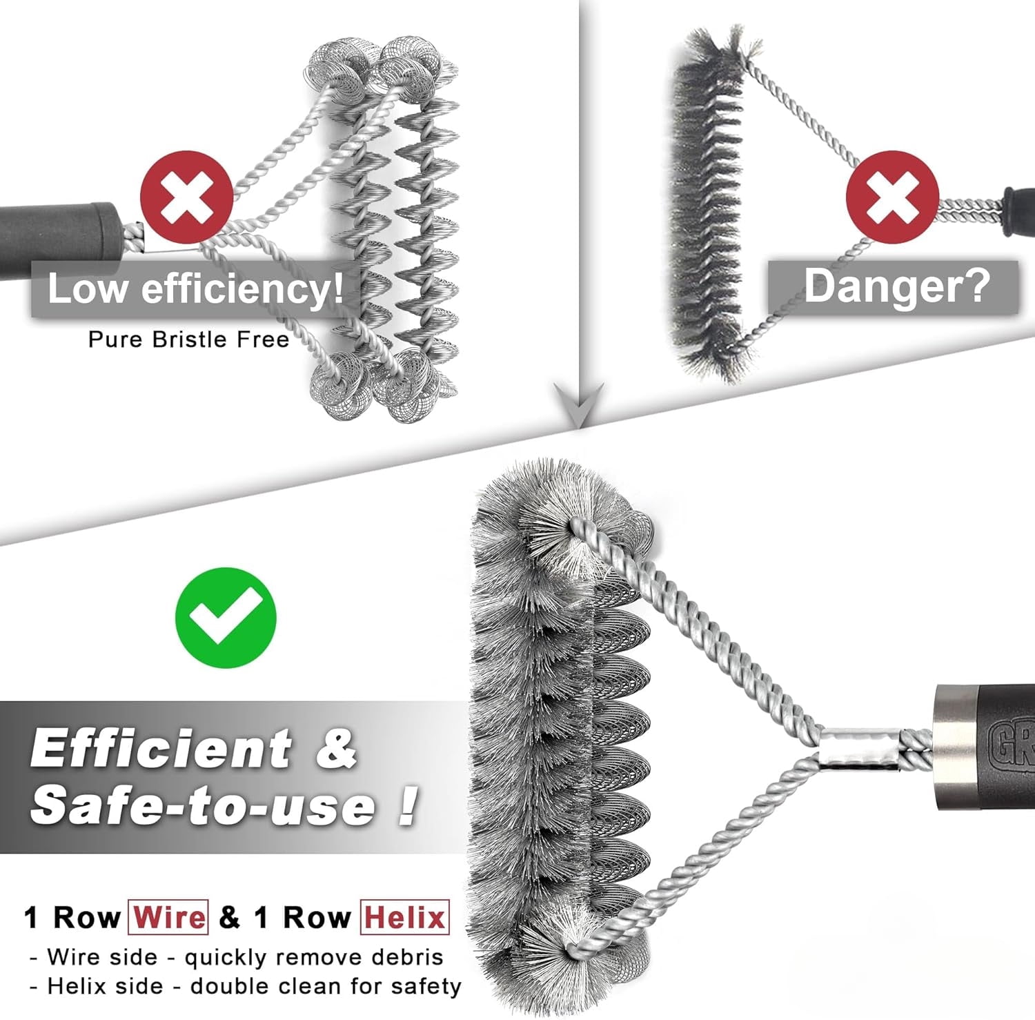 Grill Brush [Wire + Helix] Combined BBQ Brush - Safe & Efficient Grill Cleaning Brush - 18" Grill Cleaner Brush Scrubber for Gas/Porcelain/Charbroil Grates – BBQ Accessories Gifts for Men/Dad