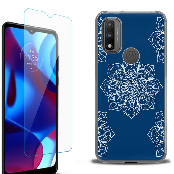 Slim-Fit Protective Phone Case (Black) compatible with Motorola Moto G Pure 5G, with Tempered Glass Screen Protector, by OneToughShield ® - Mandala / Blue