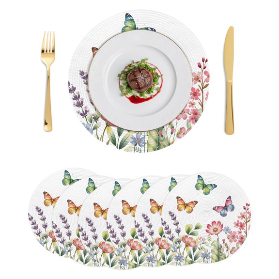 Round Placemats Spring Floral Butterflies 15 inch Set of 6 Table Mats for Dining Table Pink Flowers Botanical White Heat Resistant Non-Slip Kitchen & Home Decorative Place Mat Set