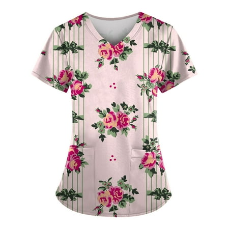

TKing Fashion Independence Day Women Plus Size Scrubs Top V-Neck Short Sleeve Printed Pockets Work Blouse for Women Pink L