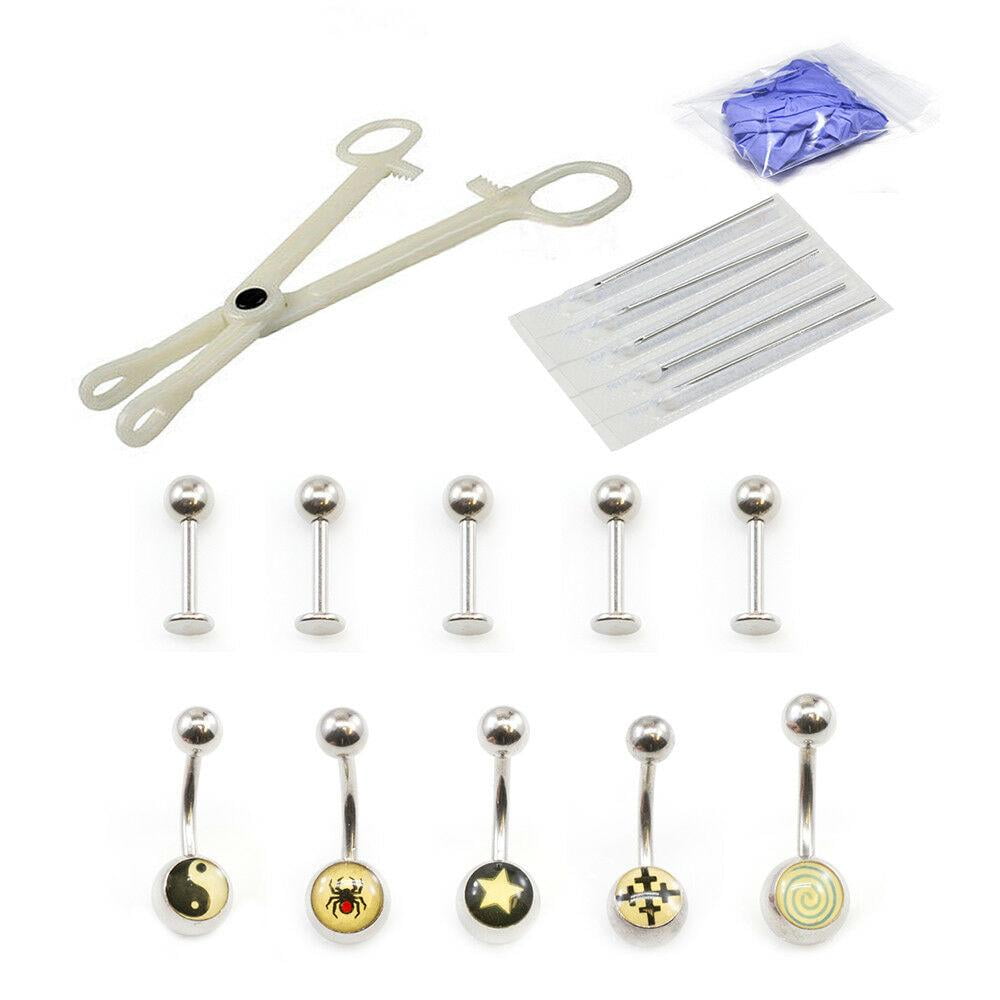 Piercing Kit 17pcs Belly Ring, Labret, Disposable forceps Needles and