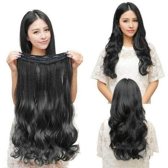 3/4 Full Head Hair Extensions Clip Straight Curly w/ 5 Clips, Long