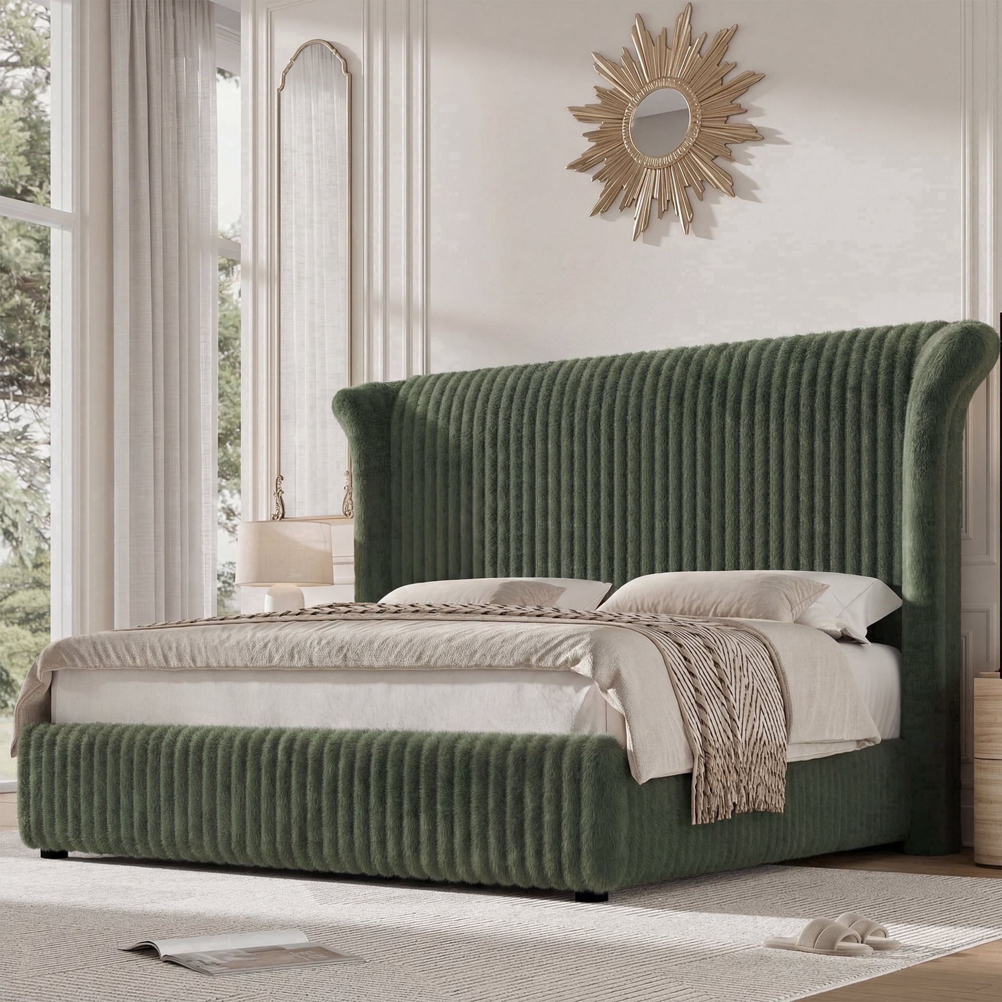 Hiphuta Corduroy Upholstered King Size Bed Frame with Headboard, LED Platform King Bed Frame with 55"H Tall Vertical Stripe Corduroy Wingback Headboard, Green