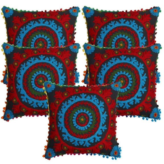 Stylo Culture Suzani Embroidered Decorative Throw Pillow Covers 16 x 16 Indian Black Elegant 40cm x 40cm Pom Pom Lace Cotton Floral Square Cushion Covers | Set Of 5