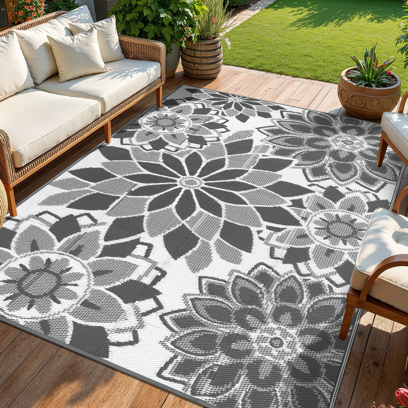 Findosom Outdoor Rug 5'x8' Reversible Waterproof Outdoor Patio Rug Mat Plastic Straw Rug Outdoor Area Rug Patio Camping Rug for RV Picnic Balcony Backyard Beach Outdoor Decor,Gray