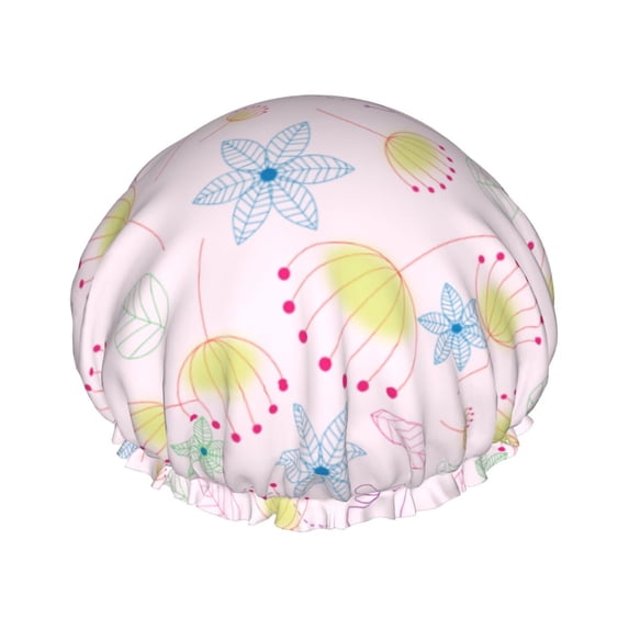 YFYANG Women's Double Waterproof Shower Cap, Pink Plant Line Art Reusable Hair Cap for All Hair Styles and Head Sizes