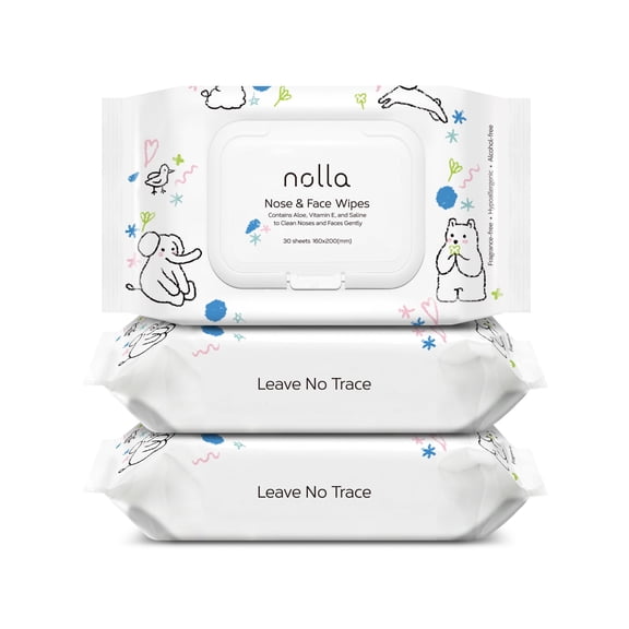 Nolla Nose and Face Wipes for Babies & Kids with Saline, Vitamin E, & Aloe, Unscented, Compostable, 90 Count (3 Packs of 30)