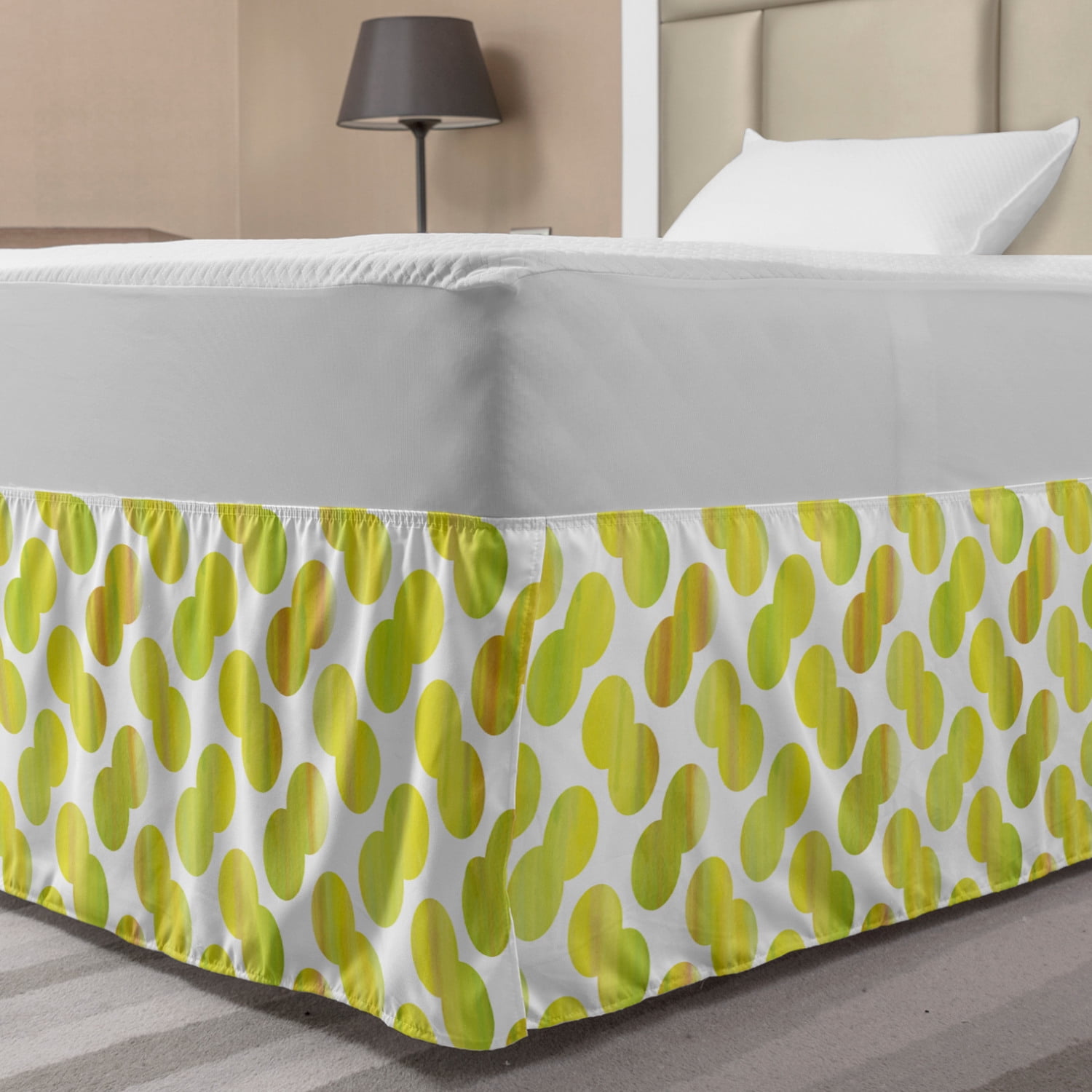 Green and White Bed Skirt, Big Spots in Pairs Watercolor Style Grunge