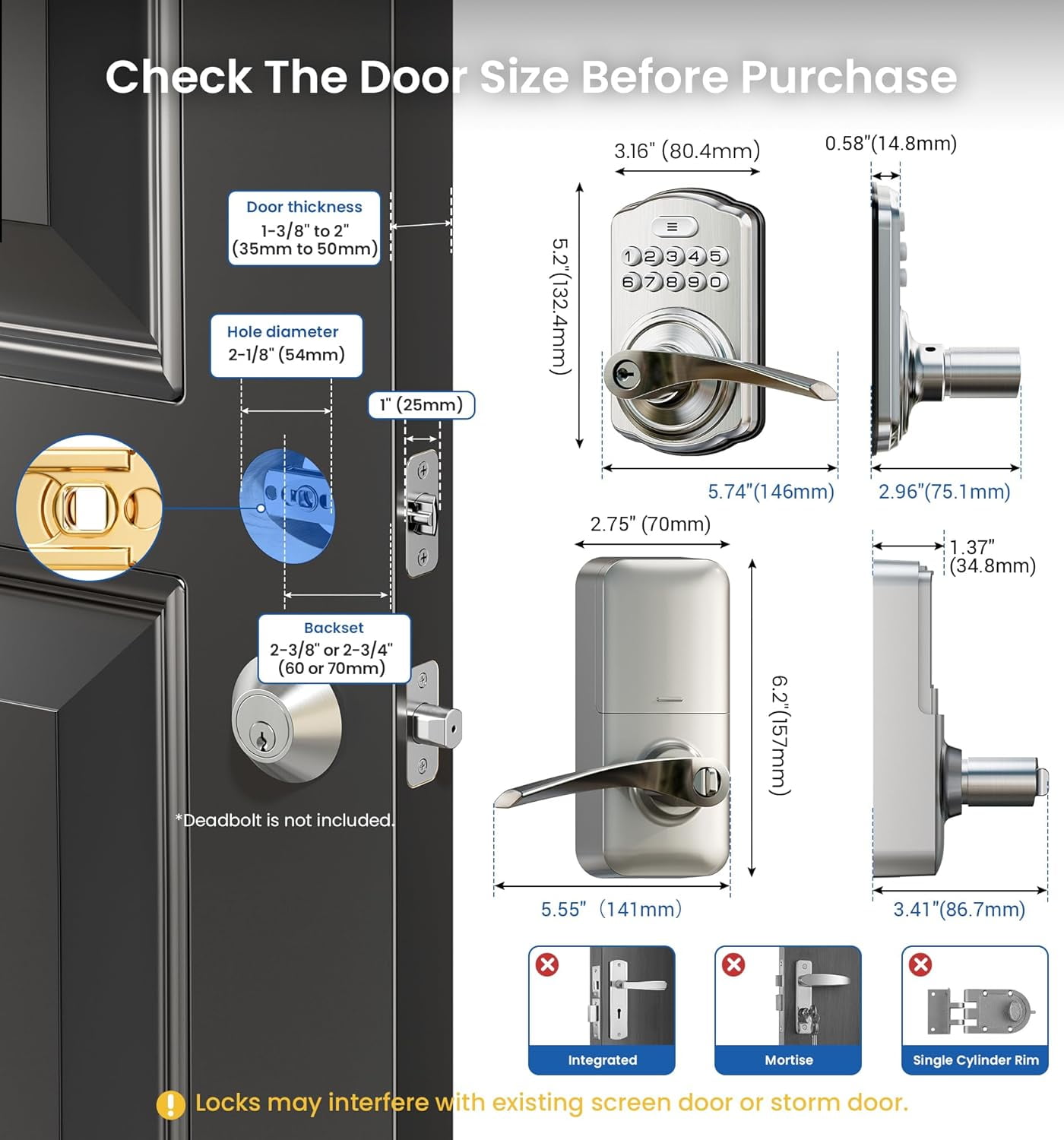 Veise Keypad Door Lock with Handle, Keyless Entry for Front Door & Bedroom, Electronic Lock with Code, Zinc Aluminum Metal Satin Nickel