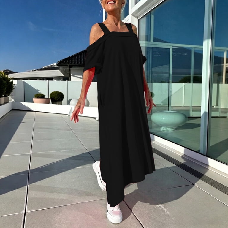 cold shoulder summer maxi dresses Oversized Cold Shoulder Maxi Dress for Women Summer Short Sleeve Baggy  Lounge Vacation Dresses with Pockets