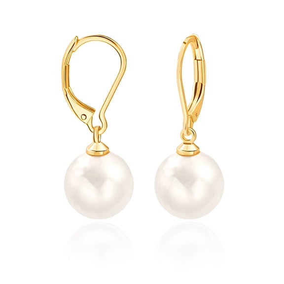 12MM White Round Shell Pearl Drop Dangle Earring for Women 18K Gold Plated French Hooks Leverback Earring Bridesmaids Jewelry