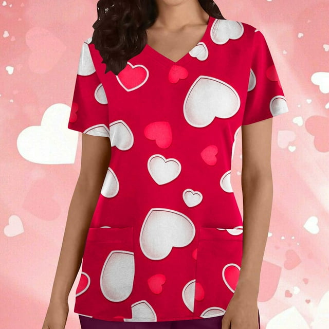 TIMIFIS Blouse d'Uniforme de Travail pour Femmes, Manches Courtes, Col en V, avec Poches - Rose Vif P