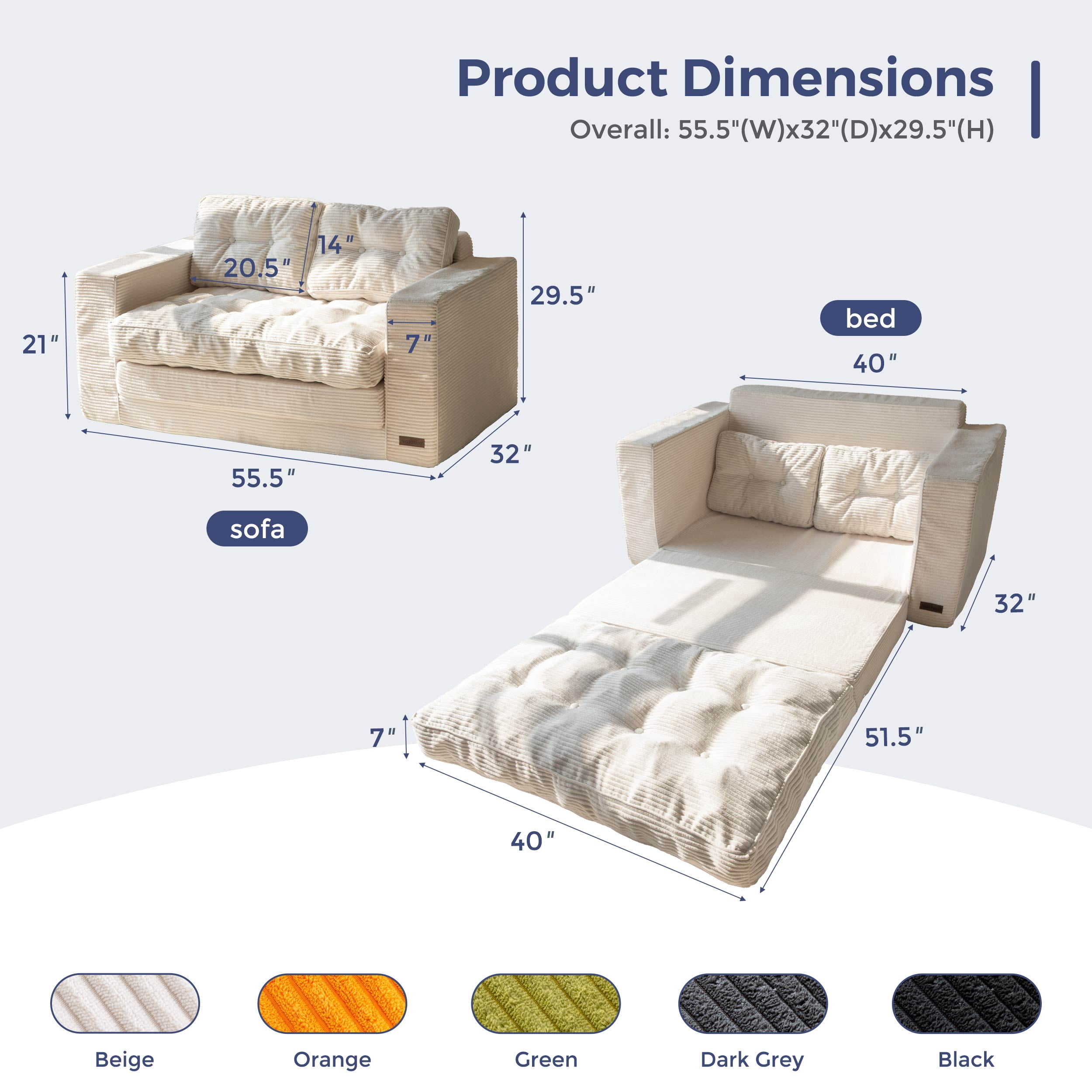 BYBYME Convertible Futon Sofa Bed,Pull Out Couch Beds Loveseat Sleeper,2 in 1 Folding Couch Bed with Pillows for Living Room Bedroom,Beige