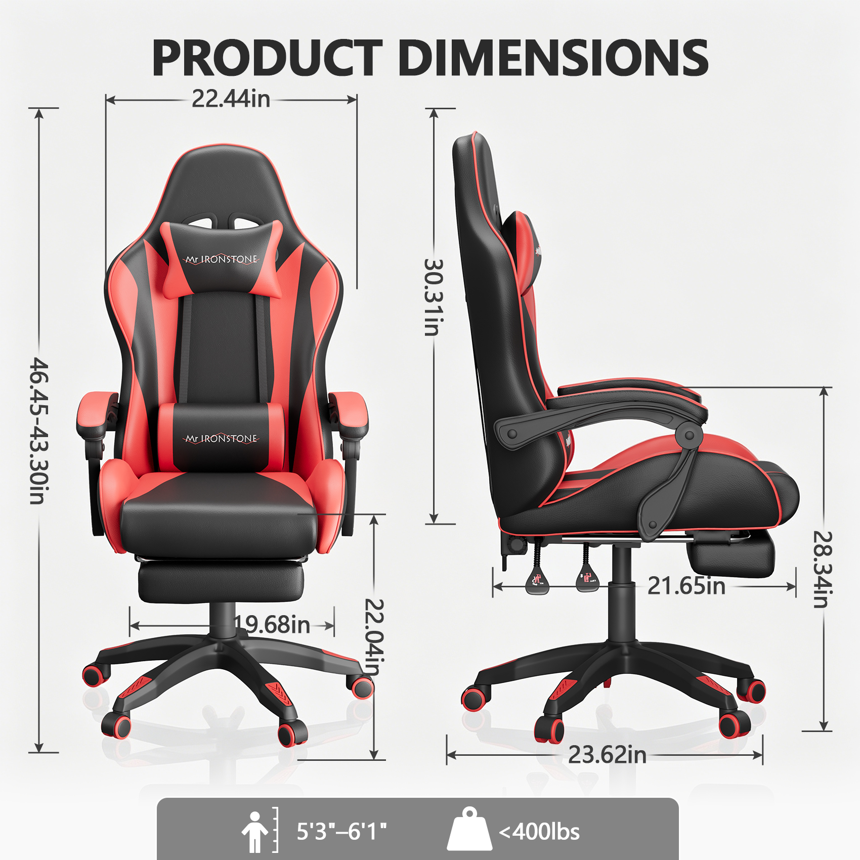 Mr IRONSTONE Ergonomic Gaming Chair with Massage, Red/Black photo 8