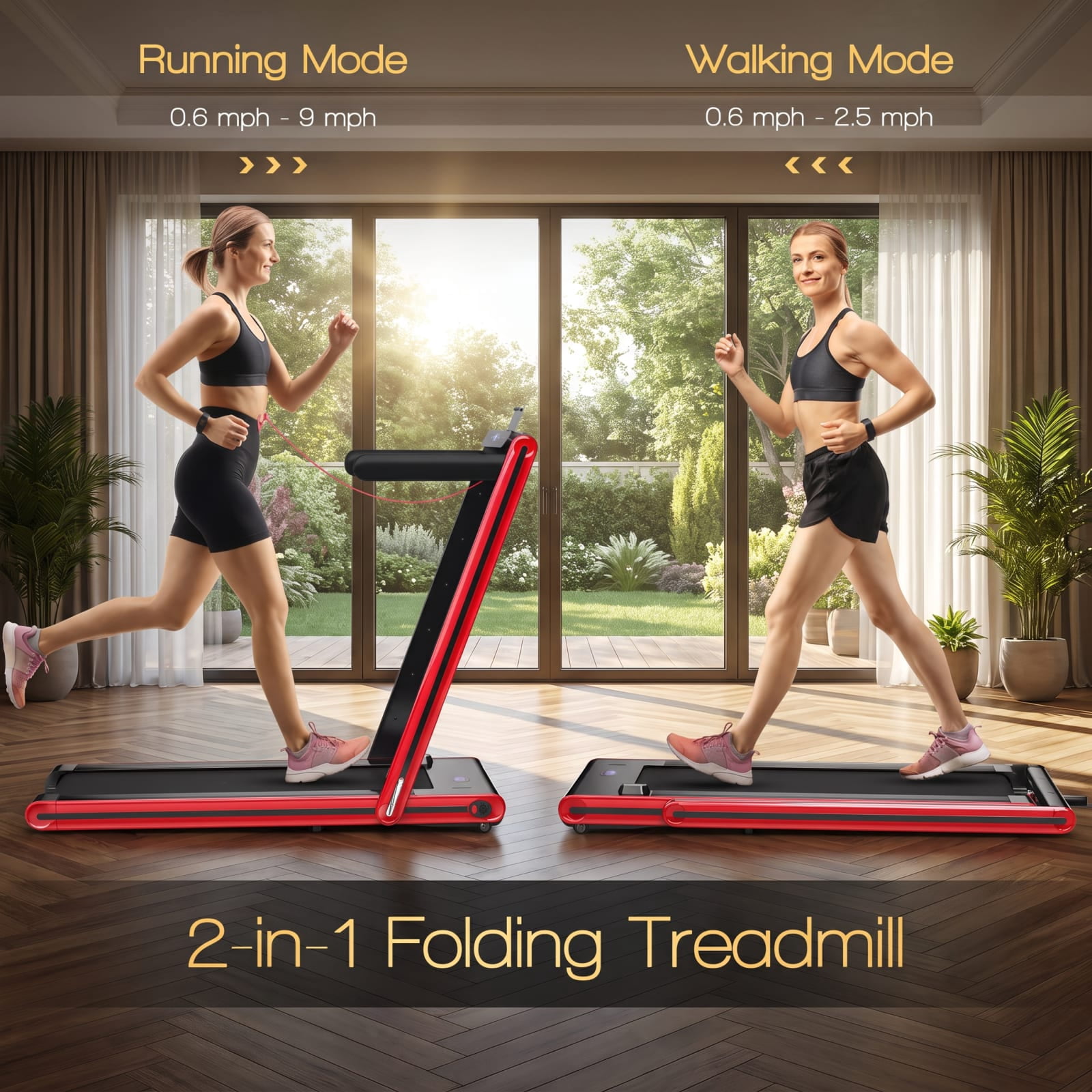 Airfind 2 in 1 Folding Treadmill with 2.25 HP Motor and Dual LED Display for Home Office Under Desk Walking and Jogging, Red