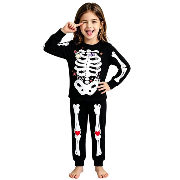 Yuncity Girls Pajamas Halloween Print Sleep Long Sleeve Top Pants For Girl Cozy Nightwear Comfortable Sleepwear Size 2-3 Years Black