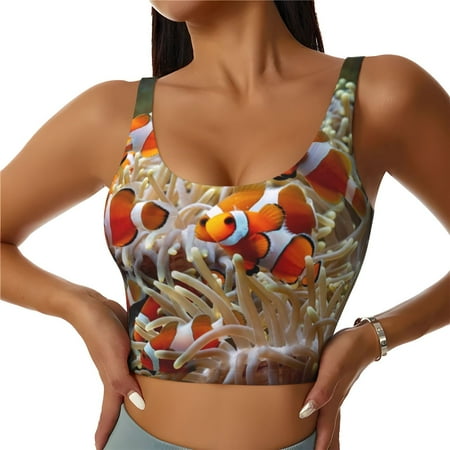 Adobk Cute Anemone Fish Print Sports Bras for Women Longline Workout Crop Tank Tops Padded with Built in Shelf Padded Sports Bra-XX-Large