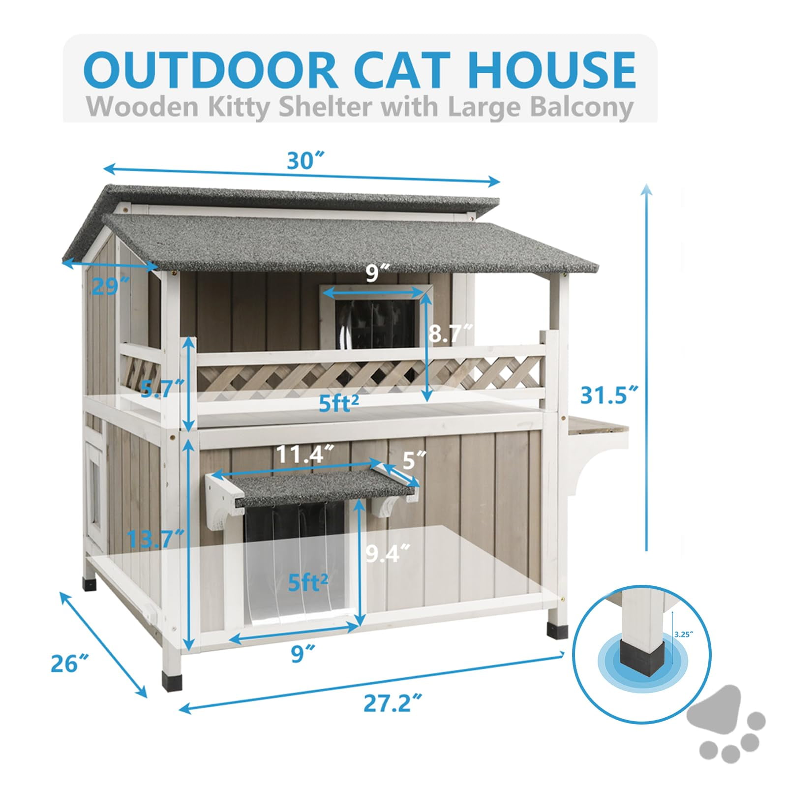 PETSCOSSET 2-Story Outdoor Cat House with Split-Level Openable Asphalt Roof, Fir Wood Cat Condo with Balcony & Escape Door, Weatherproof Shelter with Removable Floors for Easy Cleaning